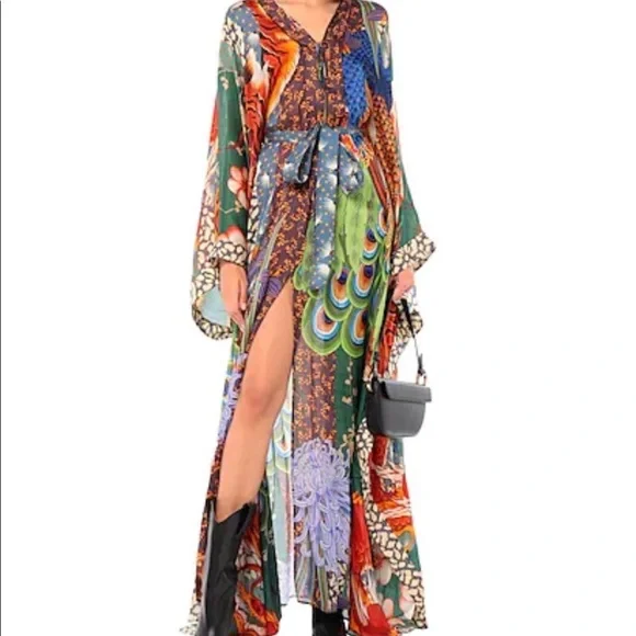 Jewel Peacock Feather Bohemian Gypsy Kimono With Sash Tie, Feather Print - Picture 2 of 7